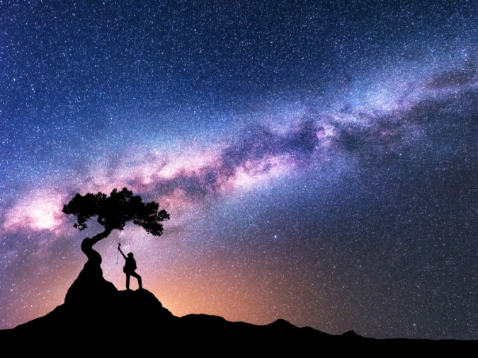 木の下で星空を見上げる女性
