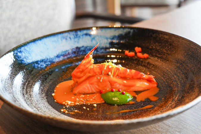 Nabeya: ~ Kirishima Salmon Mi-Cuit ~ Kirishima Salmon, Amakusa Tiger Prawns, Shellfish Sauce