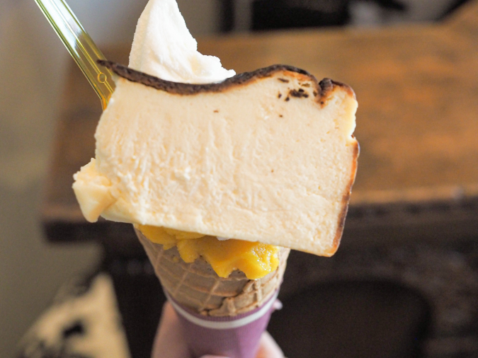 GRASS FED JAPAN GELATO & BAR Gelato topped with Basque cheesecake