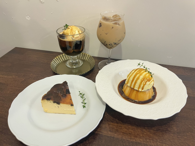 cafe cotton: coffee jelly affogato, homemade custard pudding + ice cream, coffee jelly latte, cookies and cream Basque cheesecake