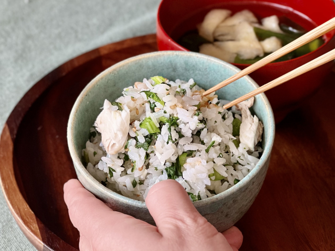 白身魚と春菊のごはん　レシピ