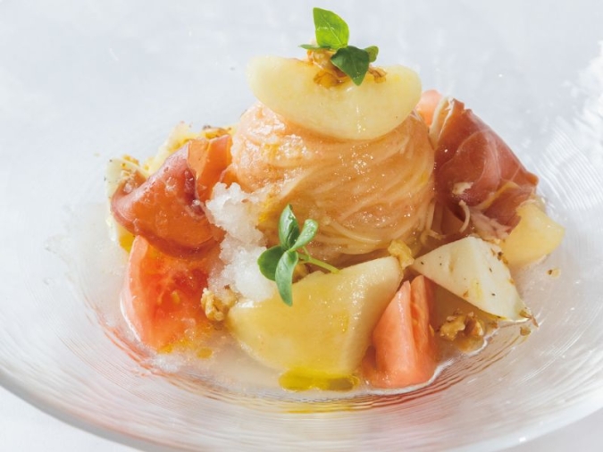 第二回 ふくしまの今をひらく～ふく福祭り～　福島県産桃を丸ごと1個使った生ハムとフレッシュトマトの冷製カッペリーニ