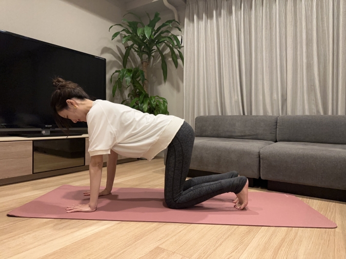 四つ這いバランス：四つ這いになり、手は肩の下、膝は腰の下にセットする。