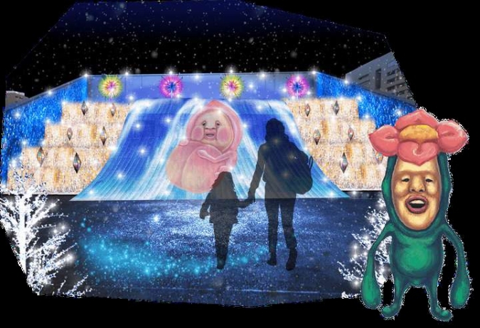 アクロス福岡イルミネーション　こびとづかんコラボ　オーロラビジョン