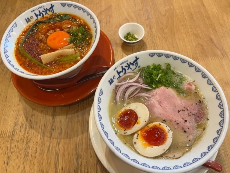 麺やよかやす 味玉鶏白湯らーめん、月見旨辛麺