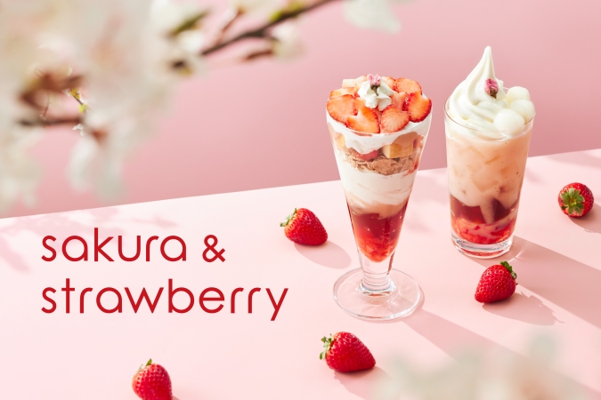 nana’s green tea 桜の苺ショートケーキパフェ 桜と苺のティーゼリーラテ