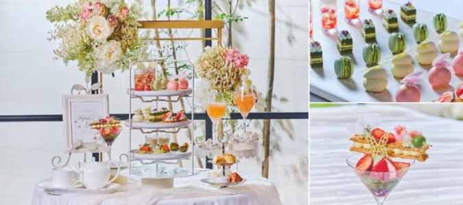 ザ ストリングス 博多「初夏のいちごと抹茶アフタヌーンティー」（写真左）アフタヌーンティー＋スペシャルデザート＋スペシャルドリンク※会場により提供スタイルが異なります （写真右上・右下）スイーツ ※画像は全てイメージ