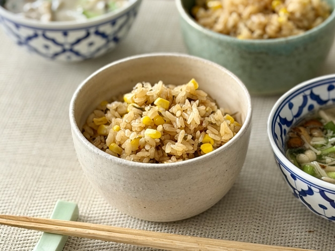 コーンと塩昆布の炊き込みご飯