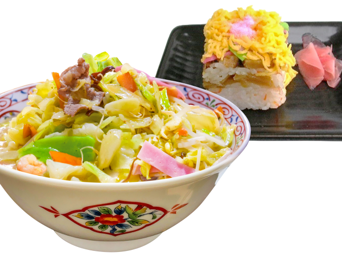 大村湾パーキングエリア　野菜たっぷり長崎ちゃんぽん大村寿司セット